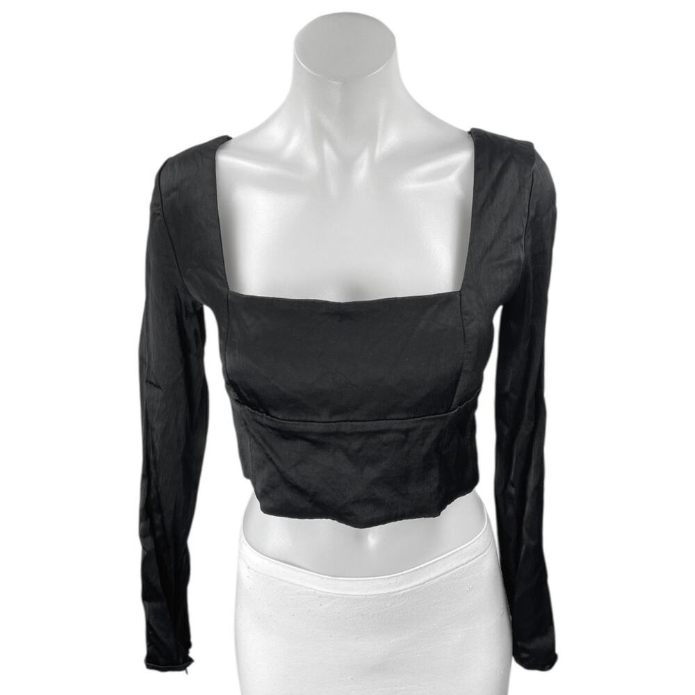 Zara Black Silky Satin Long Sleeve Square Neck Lace Up Back Crop Blouse Top Sz M